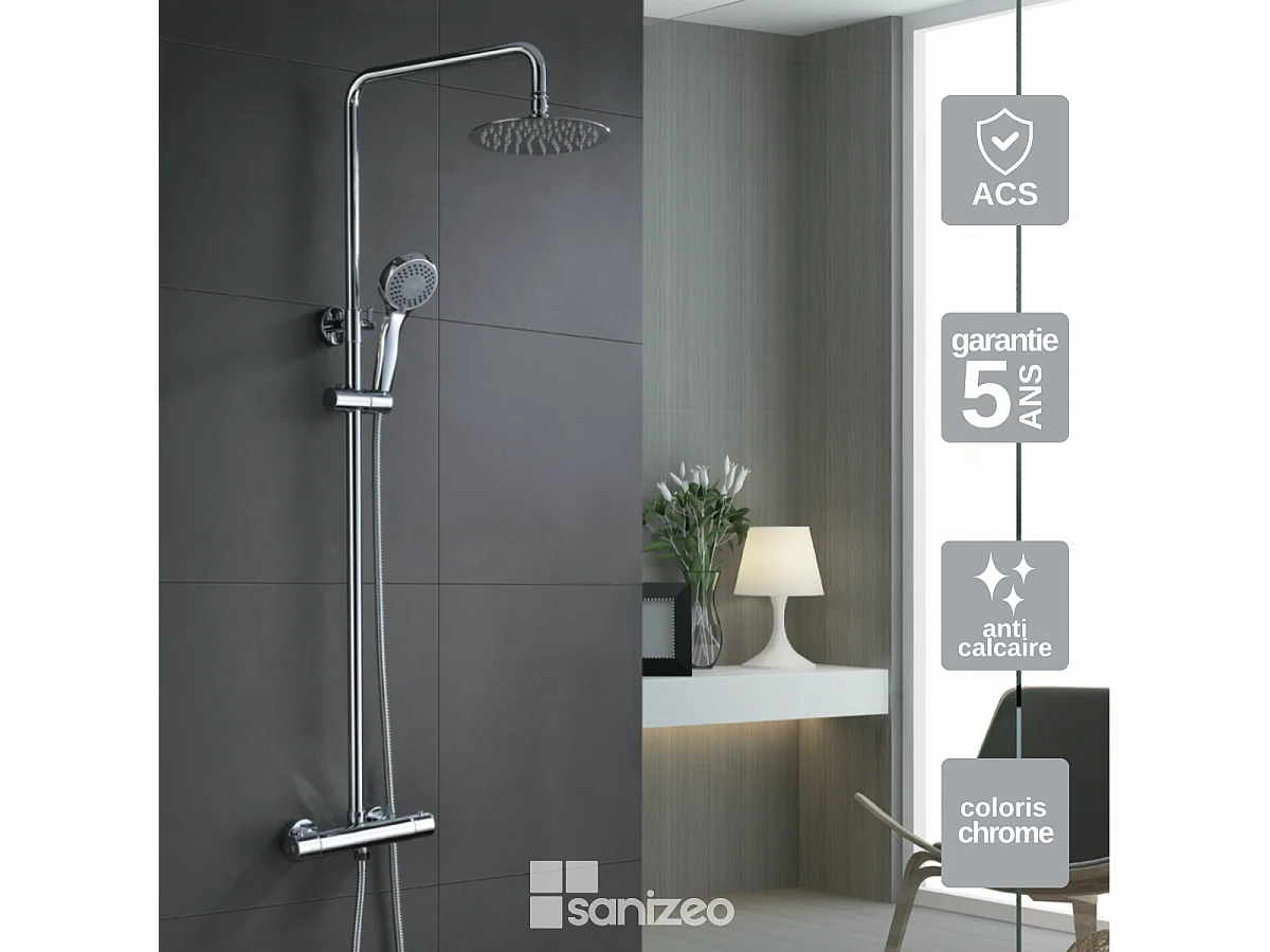 Colonne de Douche avec Mitigeur Thermostatique chromé anti-calcaire - Design Moderne - KENT IMEX