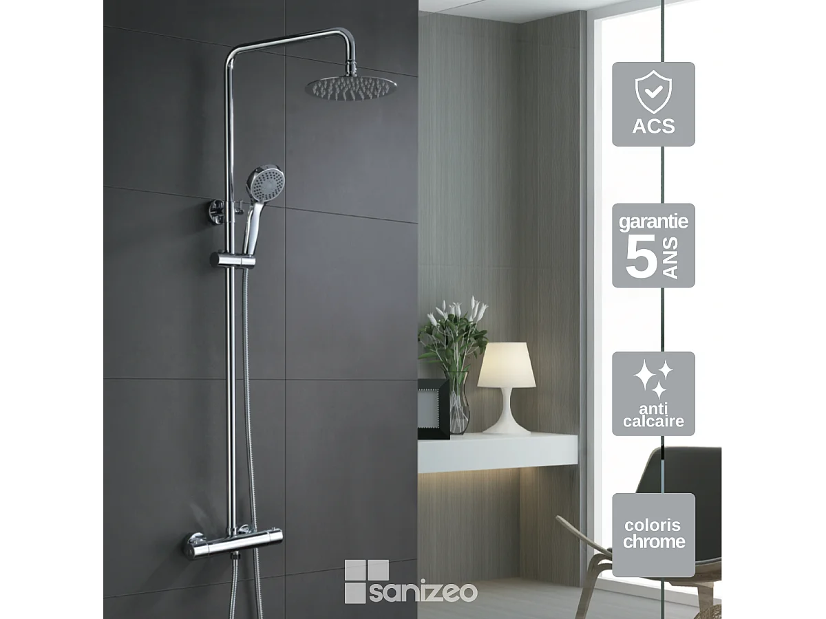 Colonne de Douche avec Mitigeur Thermostatique chromé anti-calcaire - Design Moderne - KENT IMEX