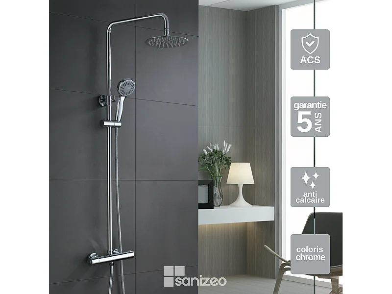 Colonne de Douche avec Mitigeur Thermostatique chromé anti-calcaire - Design Moderne - KENT IMEX