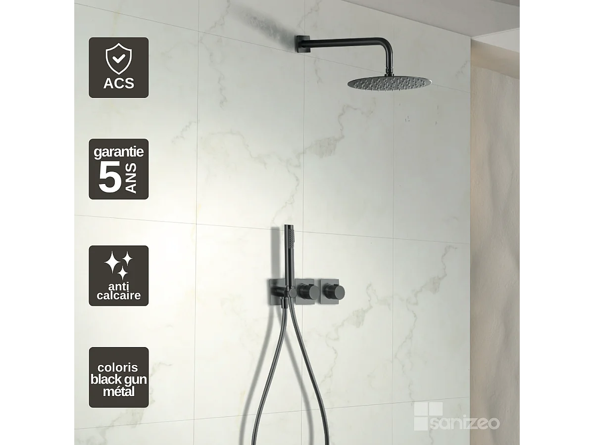 Colonne de Douche Encastrée avec Mitigeur Thermostatique noir métal anti-calcaire - Design Moderne - TIBET IMEX