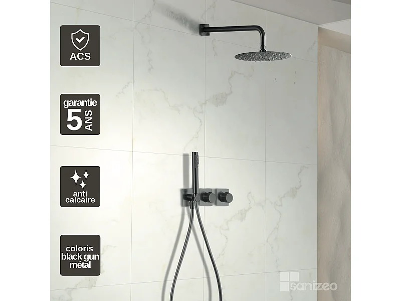 Colonne de Douche Encastrée avec Mitigeur Thermostatique noir métal anti-calcaire - Design Moderne - TIBET IMEX