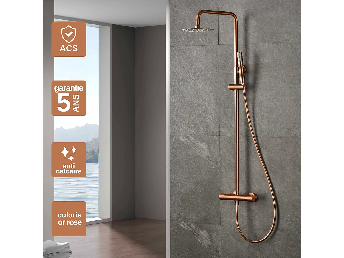 Colonne de Douche Thermostatique Anti-Calcaire Or Rose Cuivré IMEX MONZA BTM039/ORC