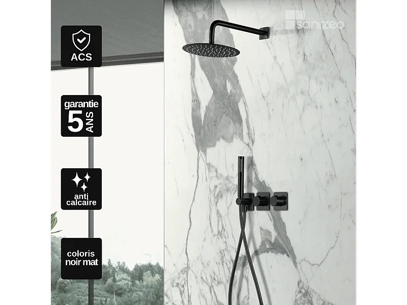 Colonne de Douche Encastrée avec Mitigeur Thermostatique noir mat anti-calcaire - Design Moderne - TIBET IMEX