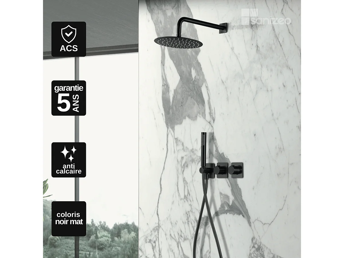 Colonne de Douche Encastrée avec Mitigeur Thermostatique noir mat anti-calcaire - Design Moderne - TIBET IMEX