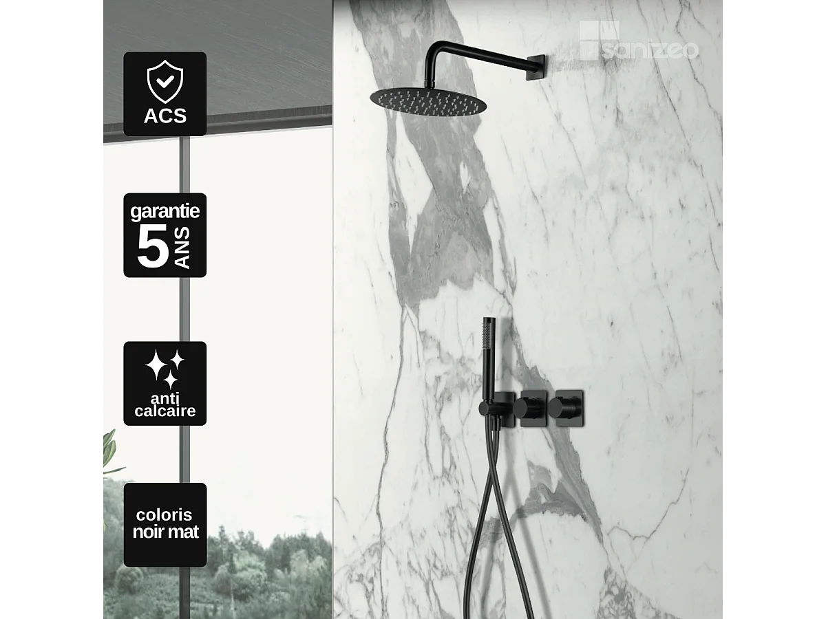 Colonne de Douche Encastrée avec Mitigeur Thermostatique noir mat anti-calcaire - Design Moderne - TIBET IMEX
