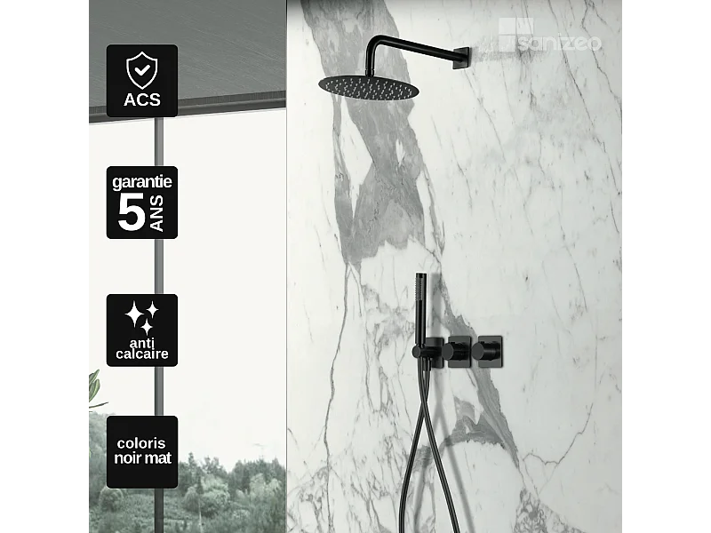 Colonne de Douche Encastrée avec Mitigeur Thermostatique noir mat anti-calcaire - Design Moderne - TIBET IMEX