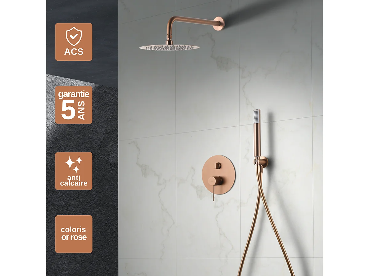 Colonne de Douche Encastrée or rose cuivré anti-calcaire - Design Moderne et Économie d'eau - Kit Complet LINE IMEX