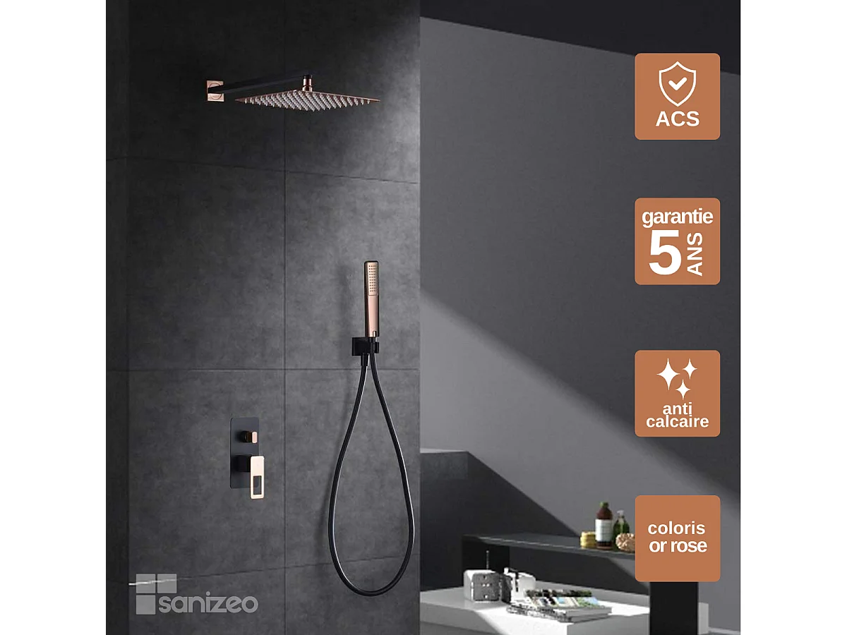 Colonne de Douche Encastrée Noir/Or Rose anti-calcaire - Design Moderne et Économie d'eau - Kit Complet SUECIA IMEX