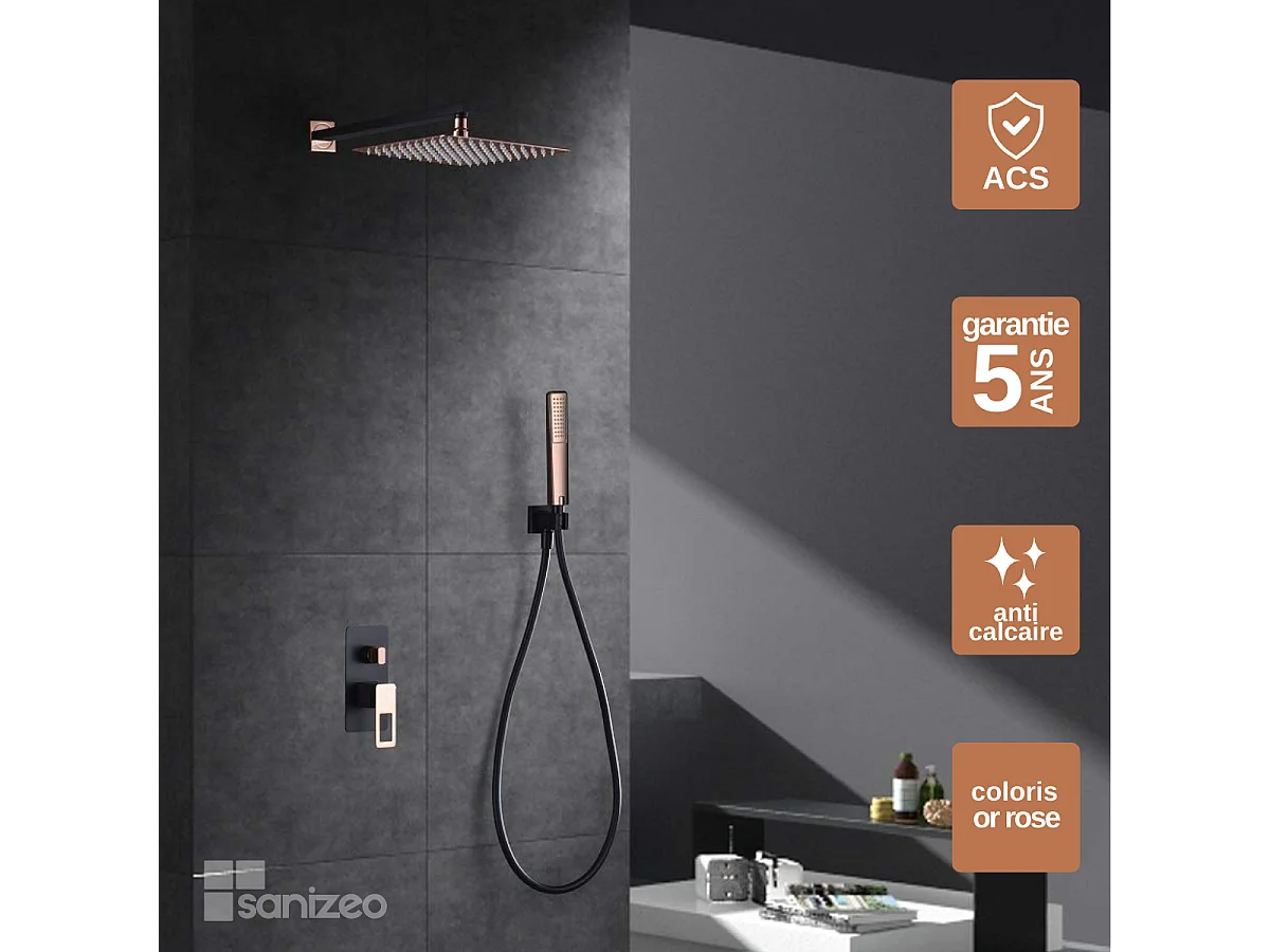 Colonne de Douche Encastrée Noir/Or Rose anti-calcaire - Design Moderne et Économie d'eau - Kit Complet SUECIA IMEX