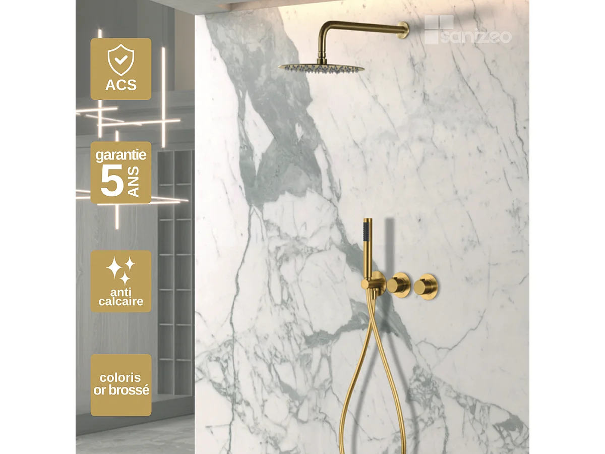 Colonne de Douche Encastrée avec Mitigeur Thermostatique or brossé anti-calcaire - Design Moderne - ASSEN IMEX