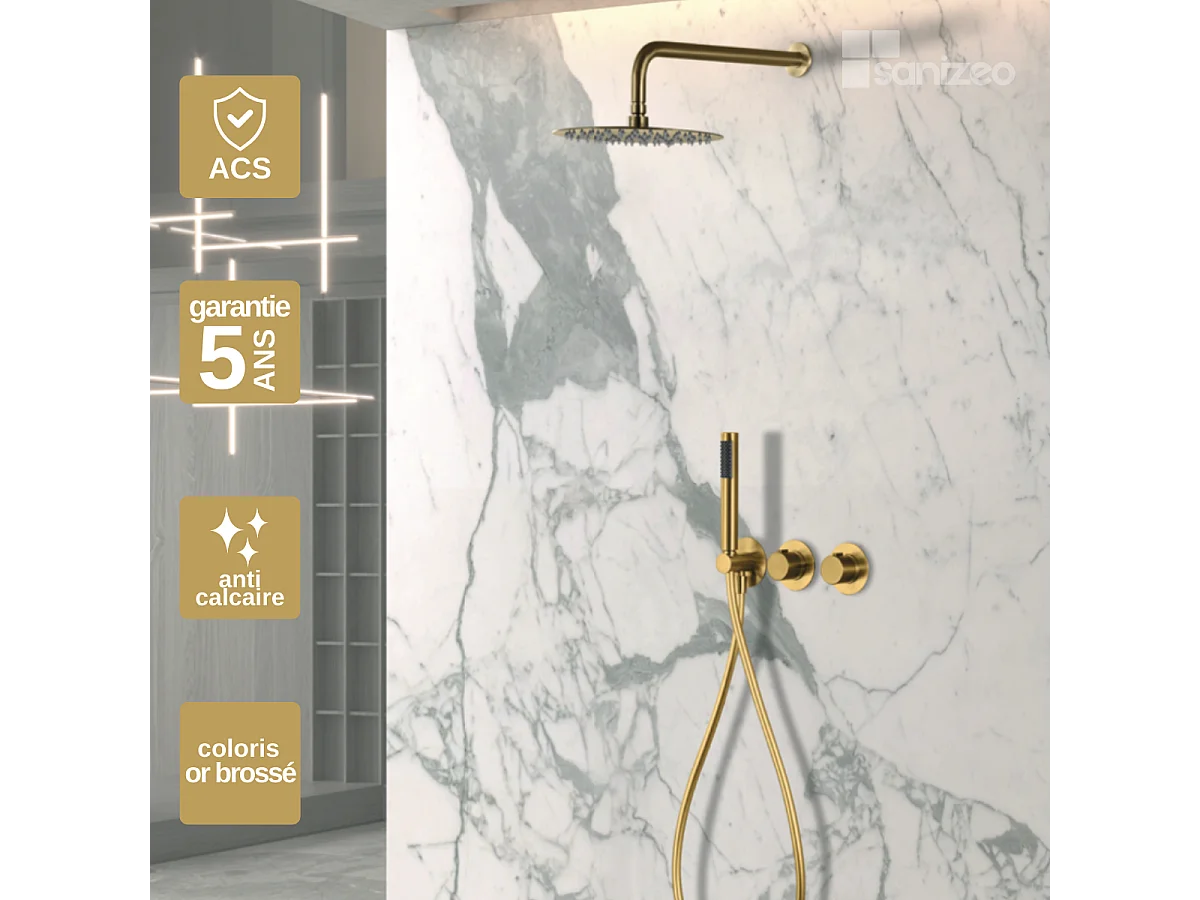 Colonne de Douche Encastrée avec Mitigeur Thermostatique or brossé anti-calcaire - Design Moderne - ASSEN IMEX