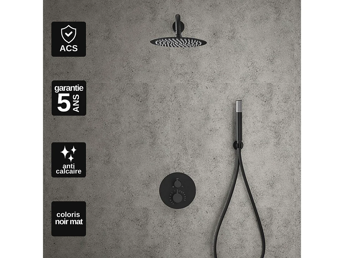 Colonne de Douche Encastrée avec Mitigeur Thermostatique noir mat anti-calcaire - Design Moderne - LINE IMEX
