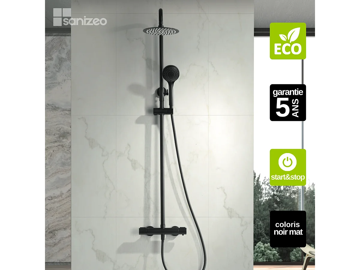Colonne de Douche avec Mitigeur Thermostatique noir mat anti-calcaire - Design Moderne - ECOKENT IMEX