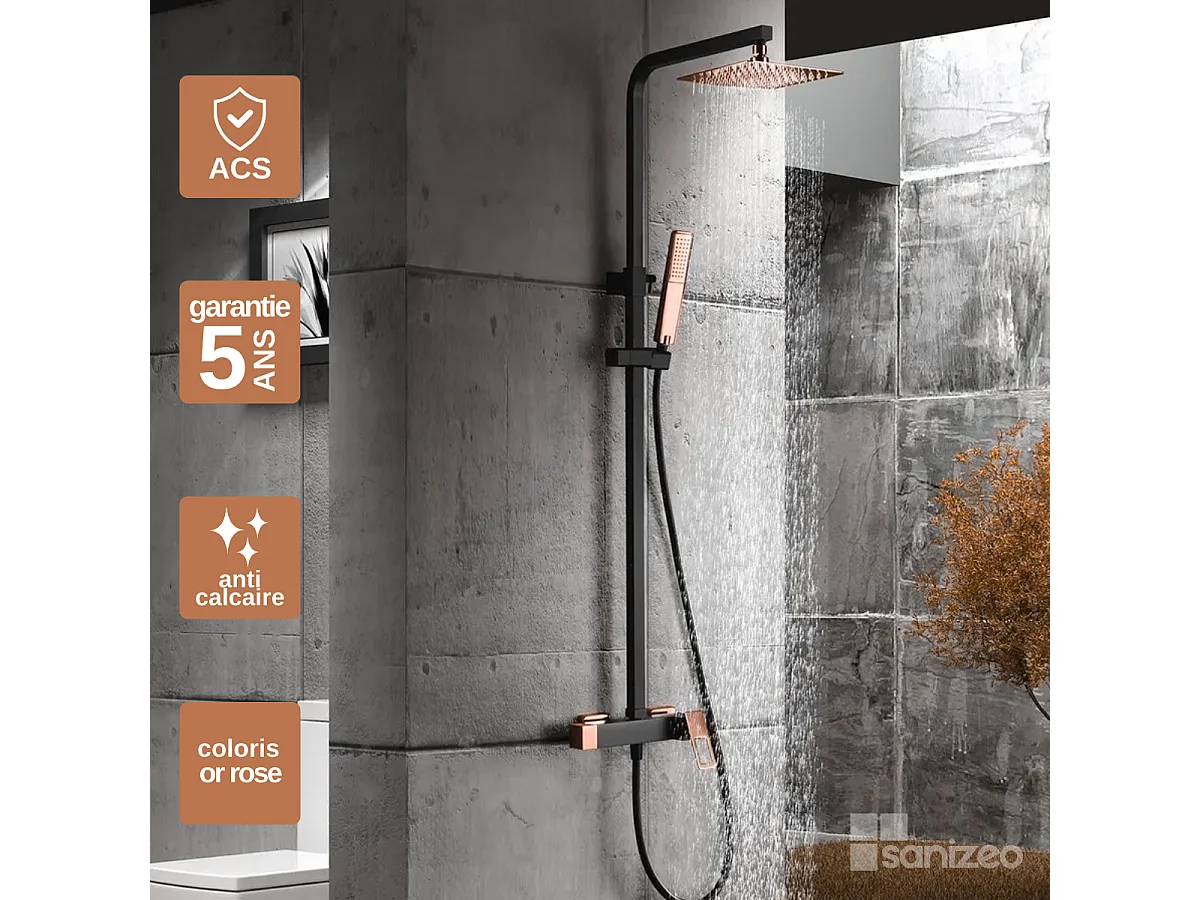 Colonne de Douche Noir/Or Rose anti-calcaire - Design Moderne et Économie d'eau - Kit Complet SUECIA IMEX