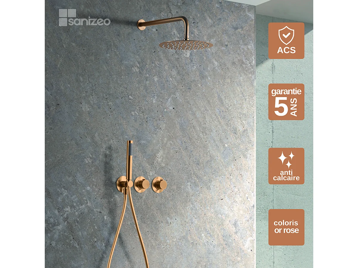 Colonne de Douche Encastrée avec Mitigeur Thermostatique or rose cuivré anti-calcaire - Design Moderne - ASSEN IMEX
