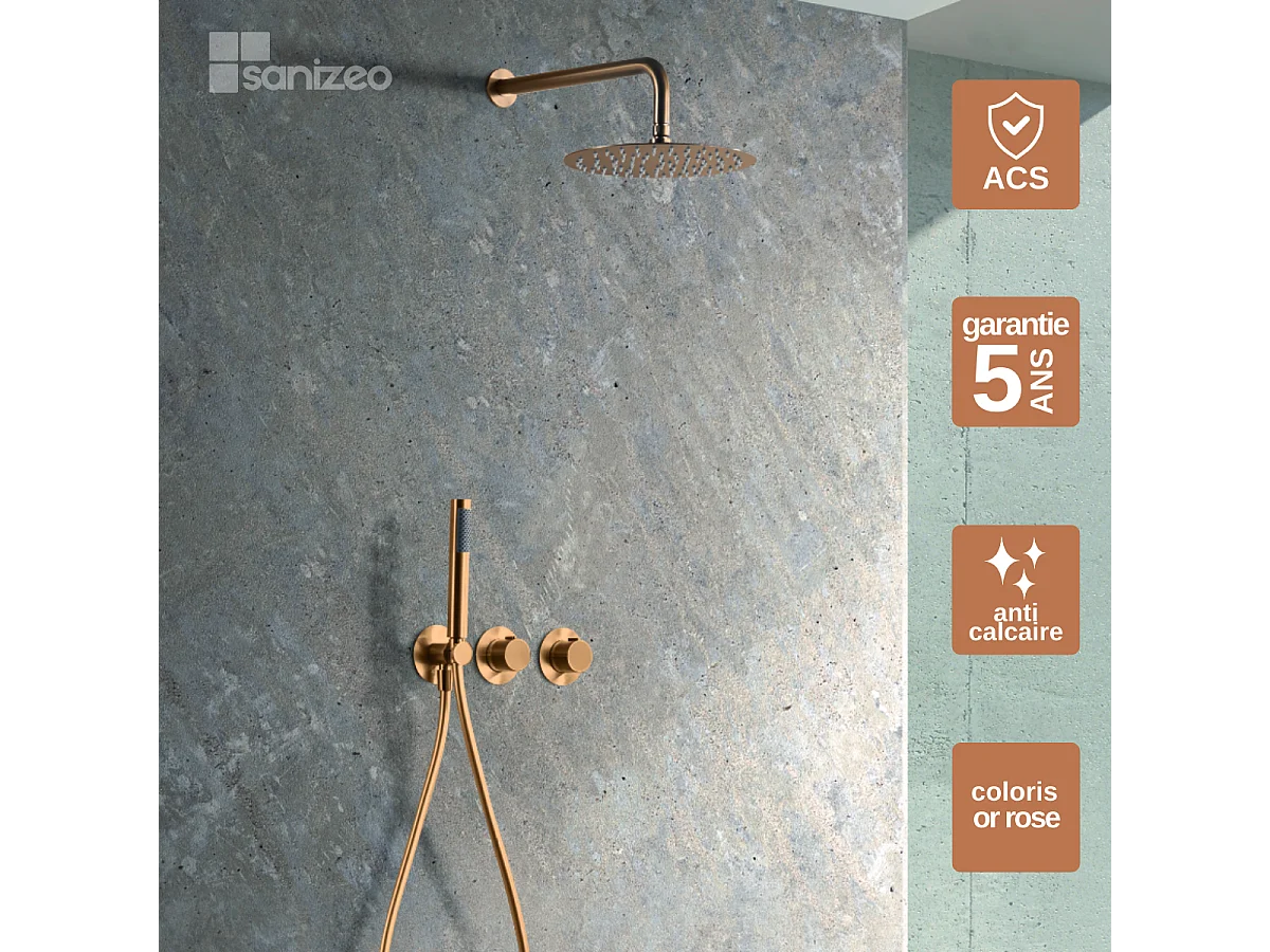 Colonne de Douche Encastrée avec Mitigeur Thermostatique or rose cuivré anti-calcaire - Design Moderne - ASSEN IMEX