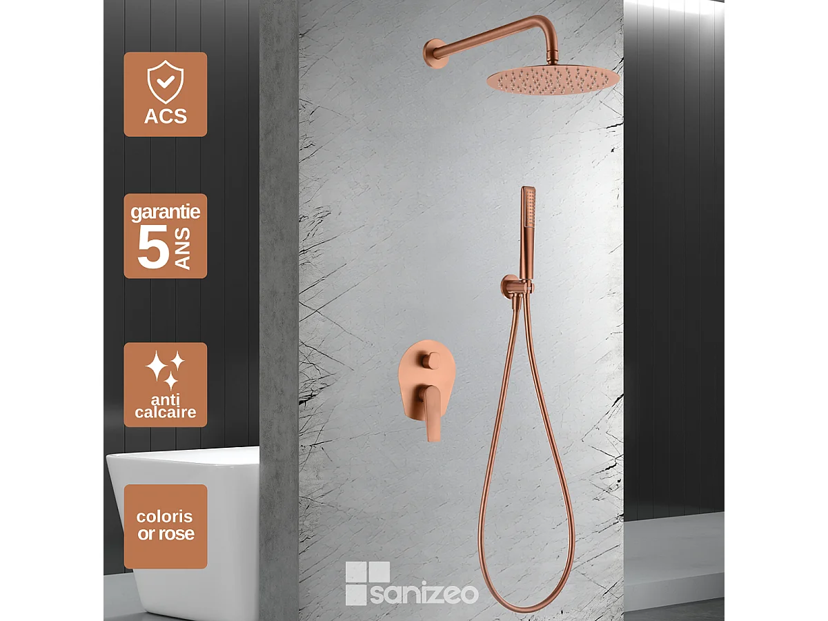 Colonne de Douche Encastrée or rose cuivré anti-calcaire - Design Moderne et Économie d'eau - Kit Complet DELOS IMEX