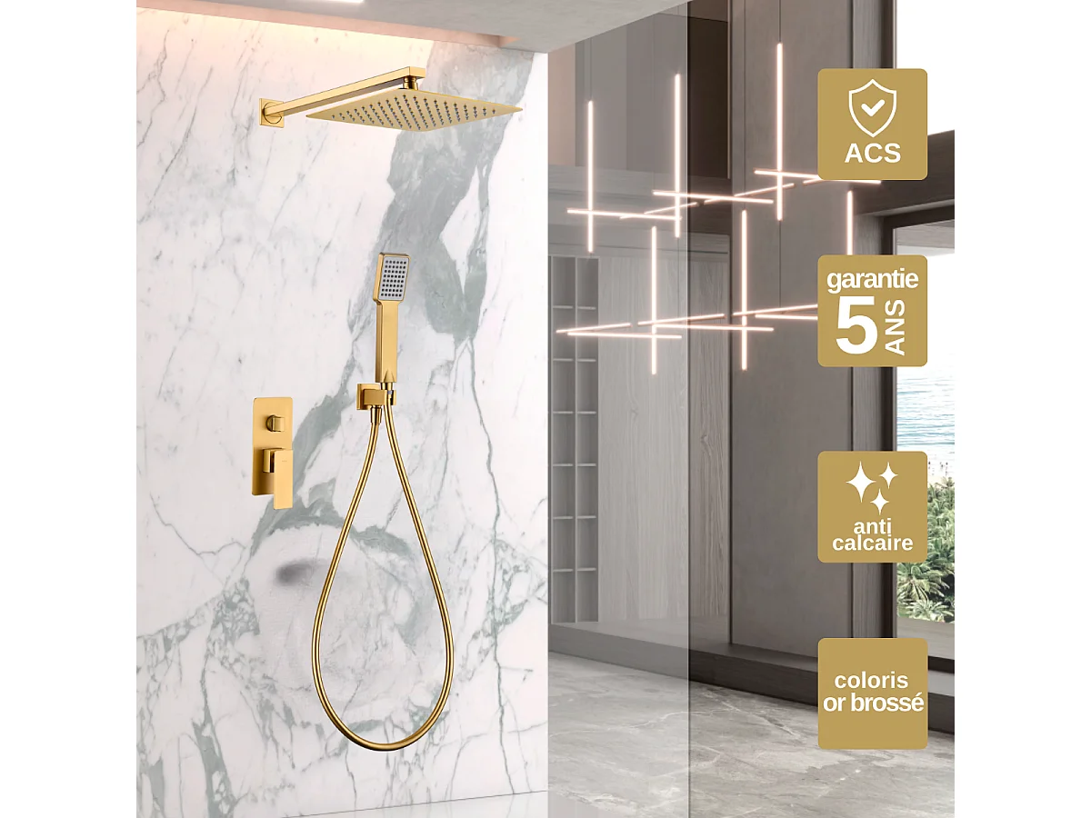 Colonne de Douche Encastrée or brossé anti-calcaire - Design Moderne et Économie d'eau - Kit Complet PISA IMEX