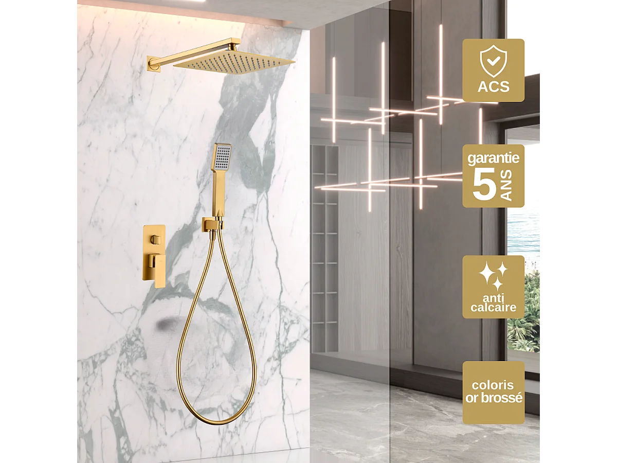 Colonne de Douche Encastrée or brossé anti-calcaire - Design Moderne et Économie d'eau - Kit Complet PISA IMEX