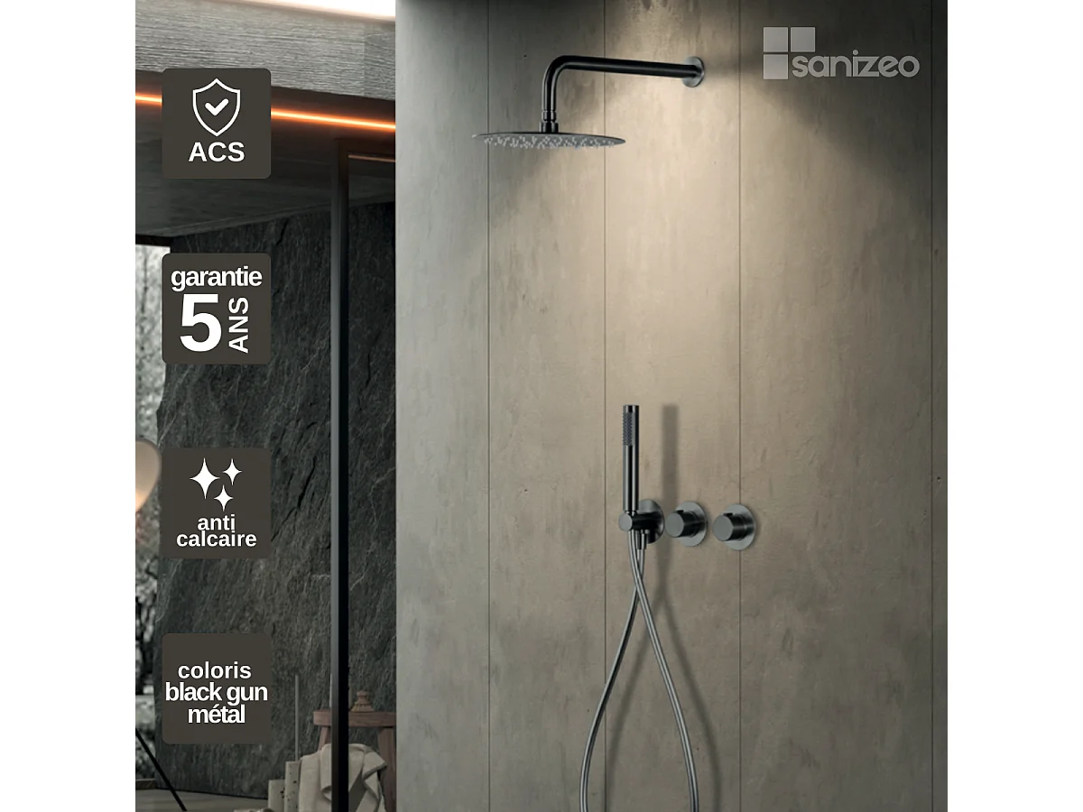 Colonne de Douche Encastrée avec Mitigeur Thermostatique noir métal anti-calcaire - Design Moderne - ASSEN IMEX