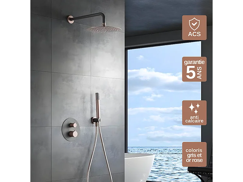 Colonne de Douche Encastrée avec Mitigeur Thermostatique gris/rose  anti-calcaire - Design Moderne - LINE IMEX