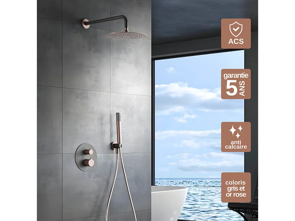 Colonne de Douche Encastrée avec Mitigeur Thermostatique gris/rose  anti-calcaire - Design Moderne - LINE IMEX