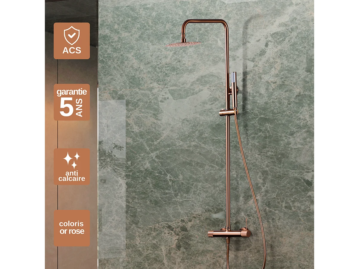 Colonne de Douche or rose cuivré anti-calcaire - Design Moderne et Économie d'eau - Kit Complet LINE IMEX