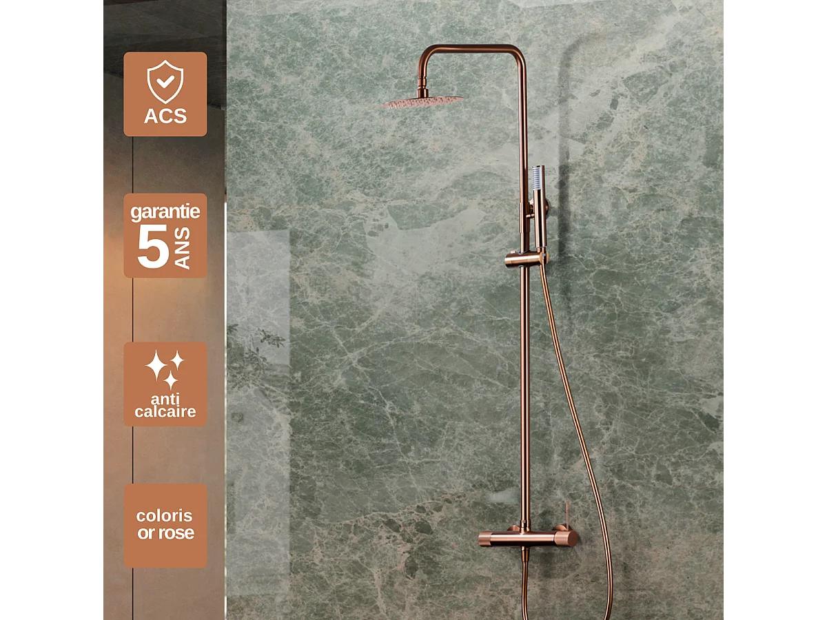 Colonne de Douche or rose cuivré anti-calcaire - Design Moderne et Économie d'eau - Kit Complet LINE IMEX