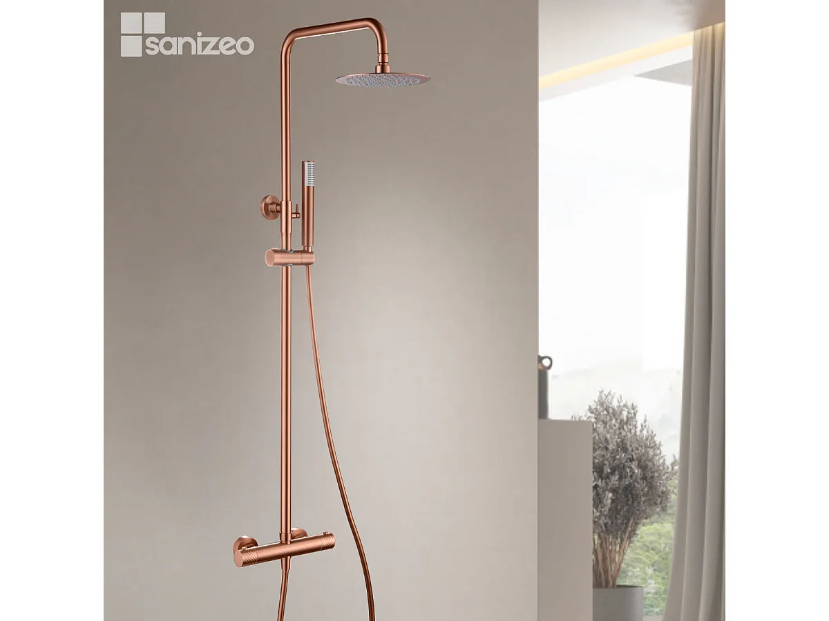 Colonne de Douche avec Mitigeur Thermostatique or rose cuivré anti-calcaire - Design Moderne - GENOVA IMEX