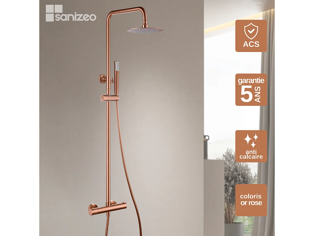 Colonne de Douche avec Mitigeur Thermostatique or rose cuivré anti-calcaire - Design Moderne - GENOVA IMEX