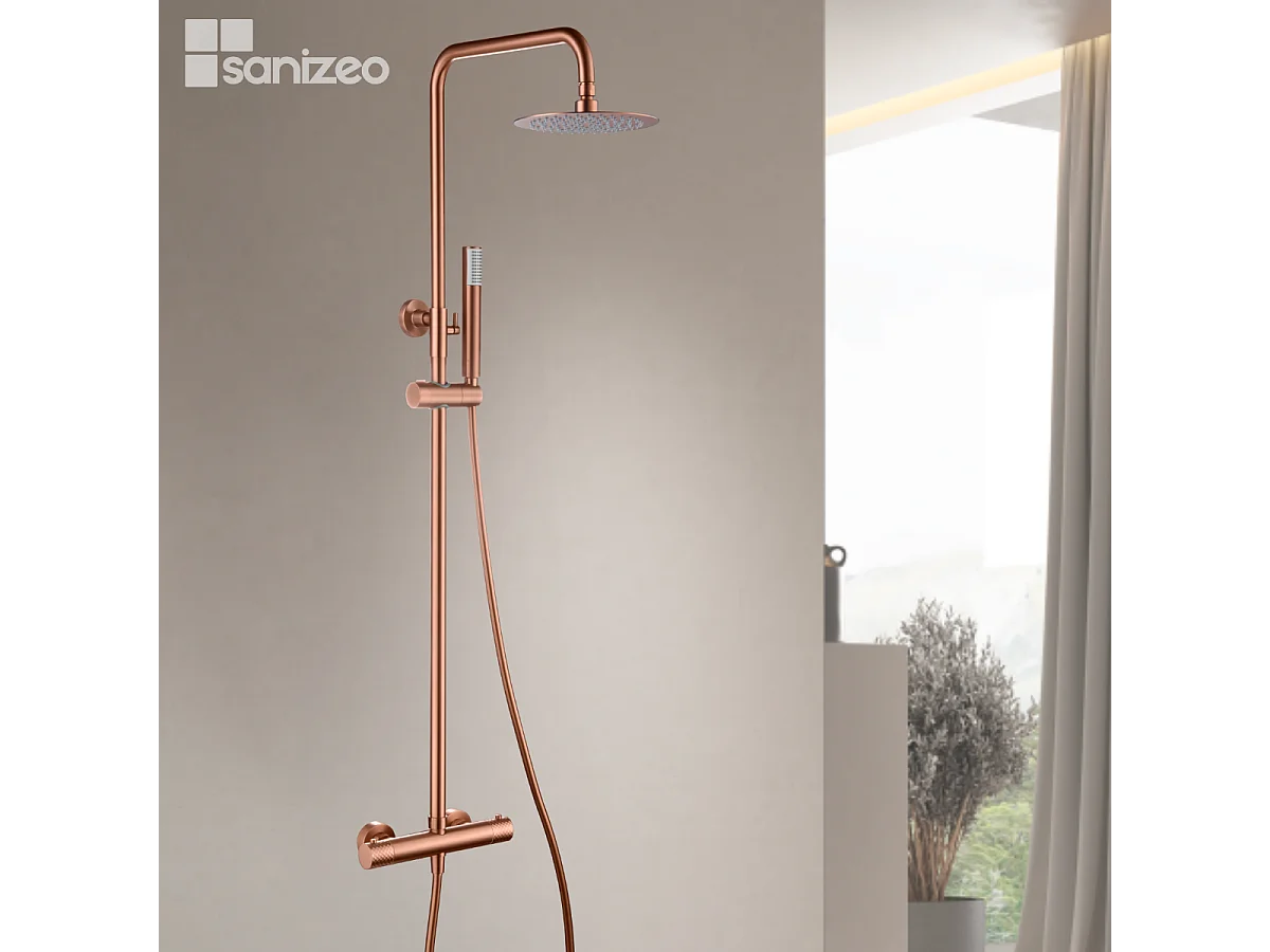 Colonne de Douche avec Mitigeur Thermostatique or rose cuivré anti-calcaire - Design Moderne - GENOVA IMEX