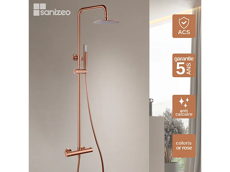 Colonne de Douche avec Mitigeur Thermostatique or rose cuivré anti-calcaire - Design Moderne - GENOVA IMEX