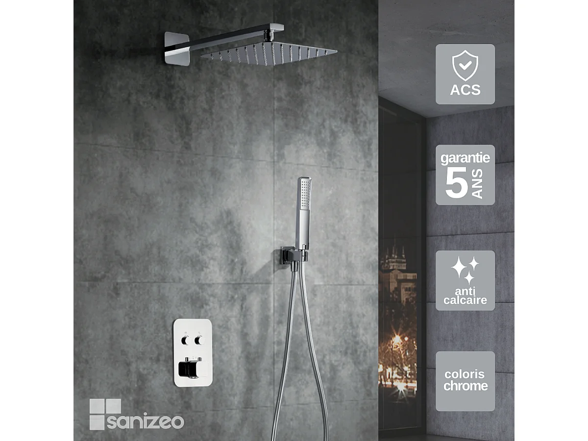 Colonne de Douche Encastrée avec Mitigeur Thermostatique chromé anti-calcaire - Design Moderne - MADEIRA IMEX