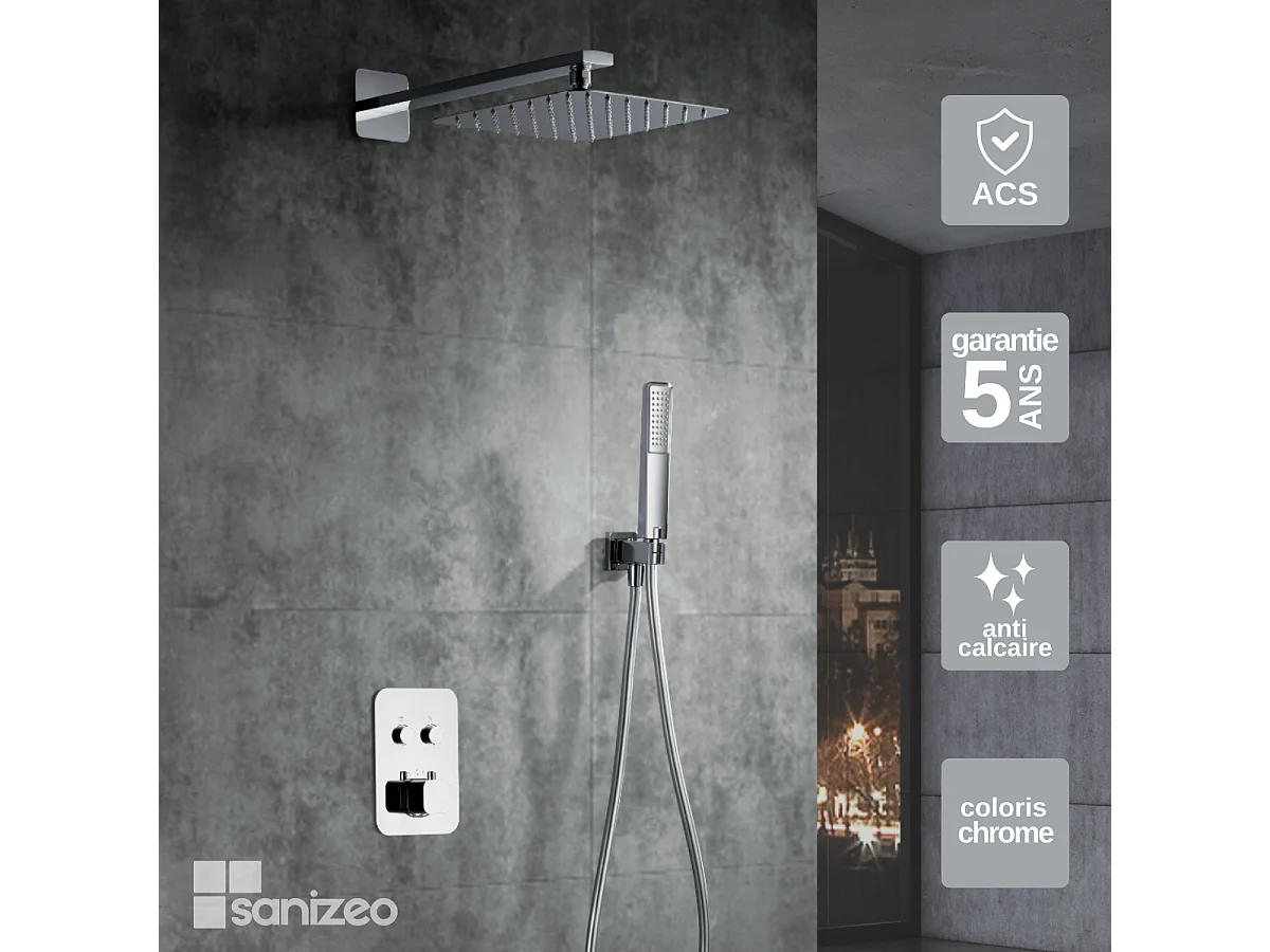 Colonne de Douche Encastrée avec Mitigeur Thermostatique chromé anti-calcaire - Design Moderne - MADEIRA IMEX