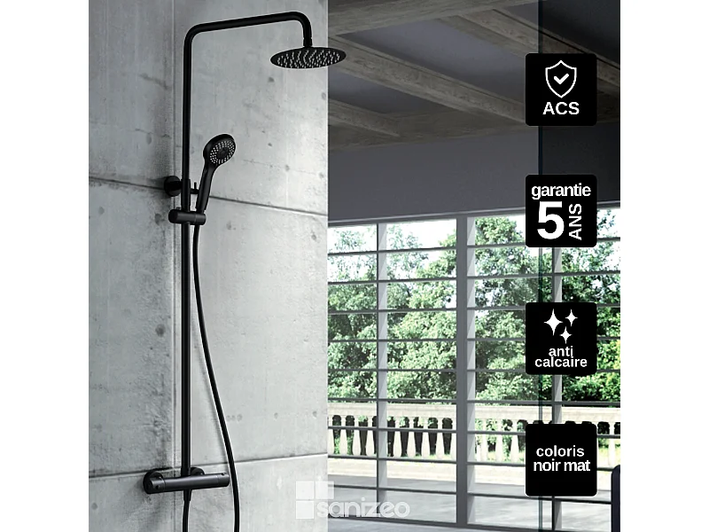 Colonne de Douche avec Mitigeur Thermostatique noir mat anti-calcaire - Design Moderne - KENT IMEX
