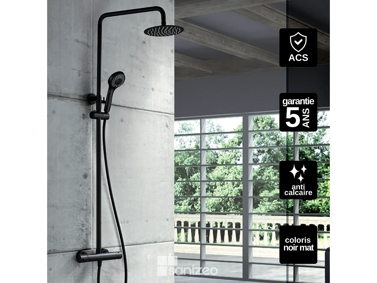 Colonne de Douche avec Mitigeur Thermostatique noir mat anti-calcaire - Design Moderne - KENT IMEX