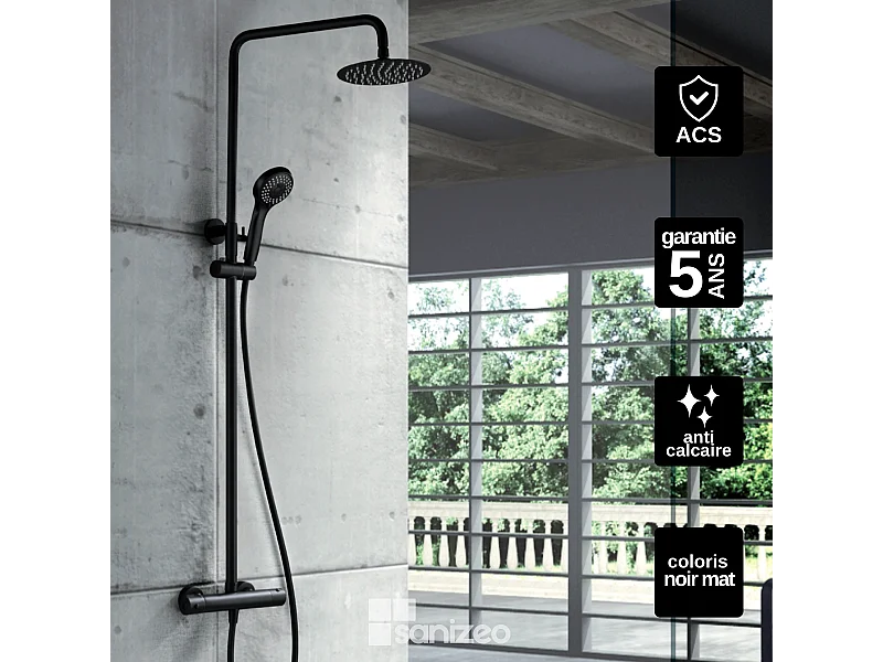 Colonne de Douche avec Mitigeur Thermostatique noir mat anti-calcaire - Design Moderne - KENT IMEX
