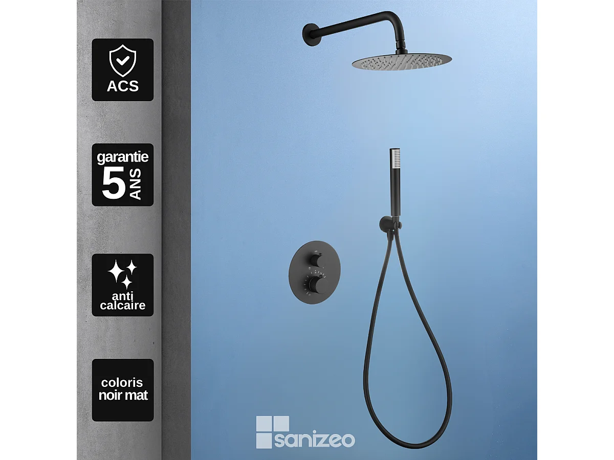 Colonne de Douche Encastrée avec Mitigeur Thermostatique noir mat anti-calcaire - Design Moderne - GENOVA IMEX