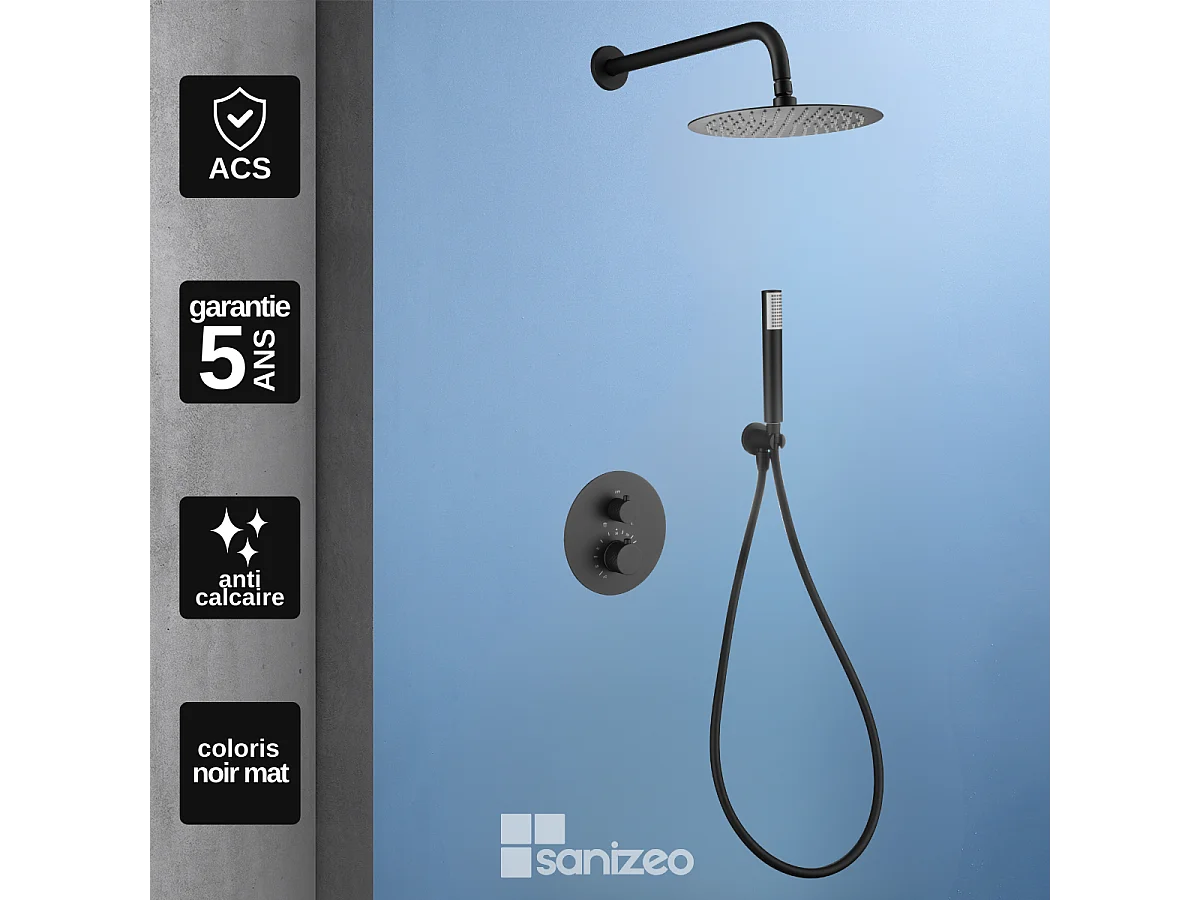 Colonne de Douche Encastrée avec Mitigeur Thermostatique noir mat anti-calcaire - Design Moderne - GENOVA IMEX