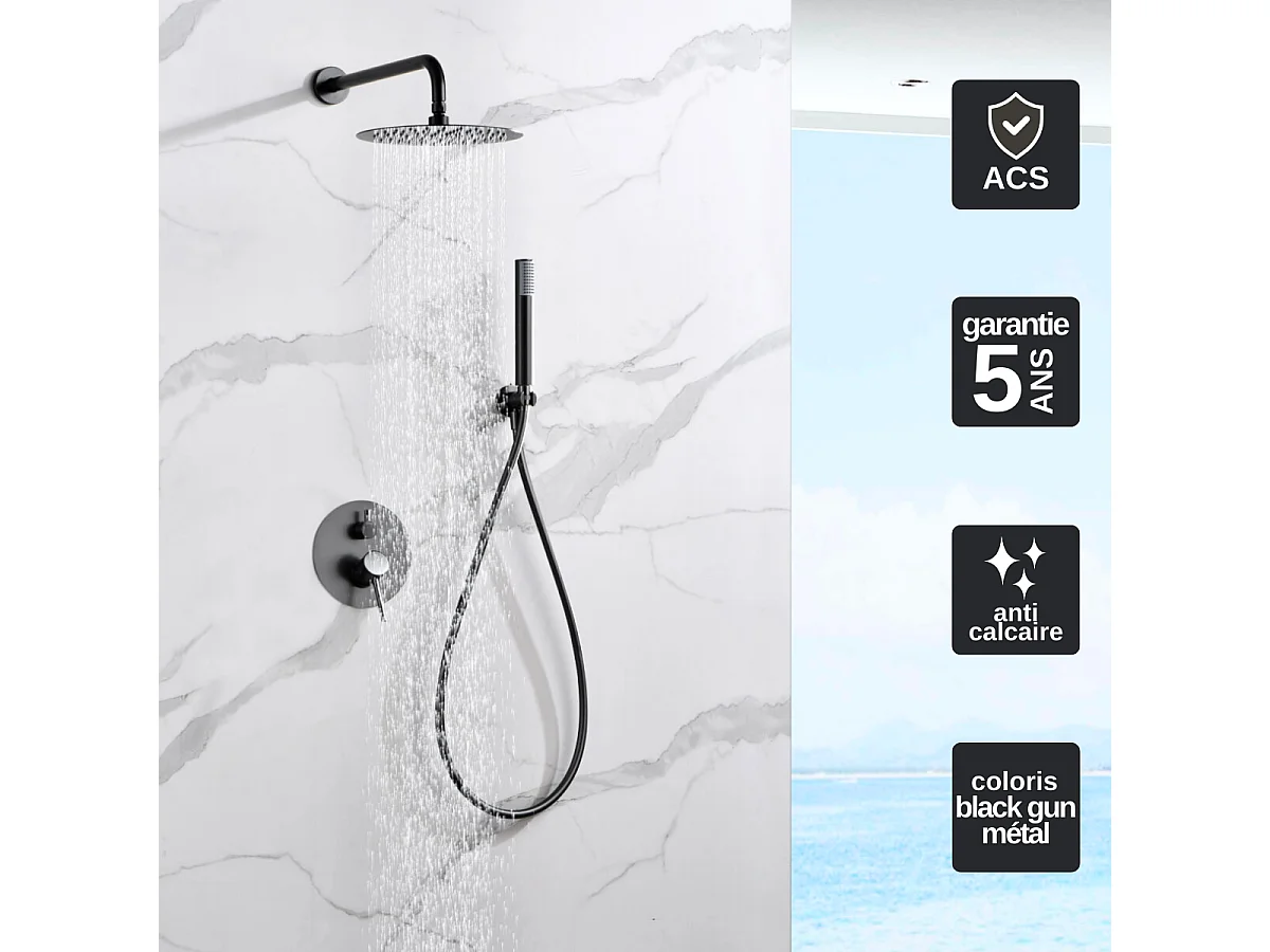 Colonne de Douche Encastrée Thermostatique  Anti-Calcaire Black Gun Métal IMEX MONZA GTM039/BGM