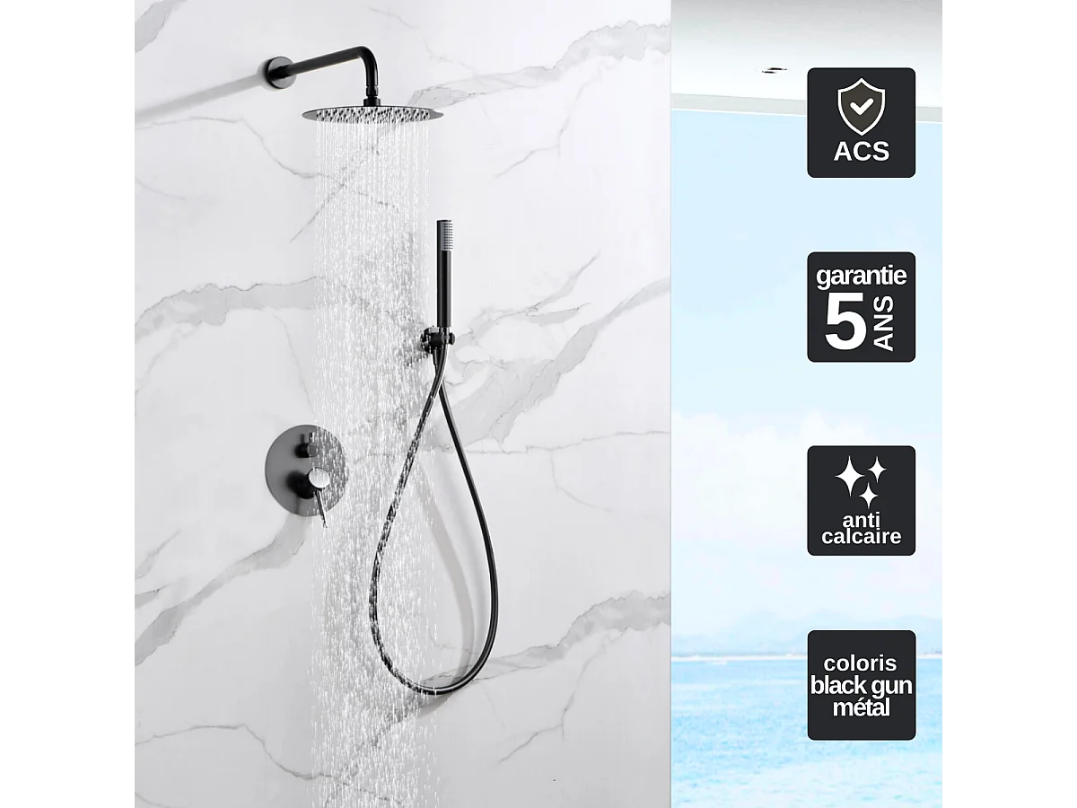 Colonne de Douche Encastrée Thermostatique  Anti-Calcaire Black Gun Métal IMEX MONZA GTM039/BGM