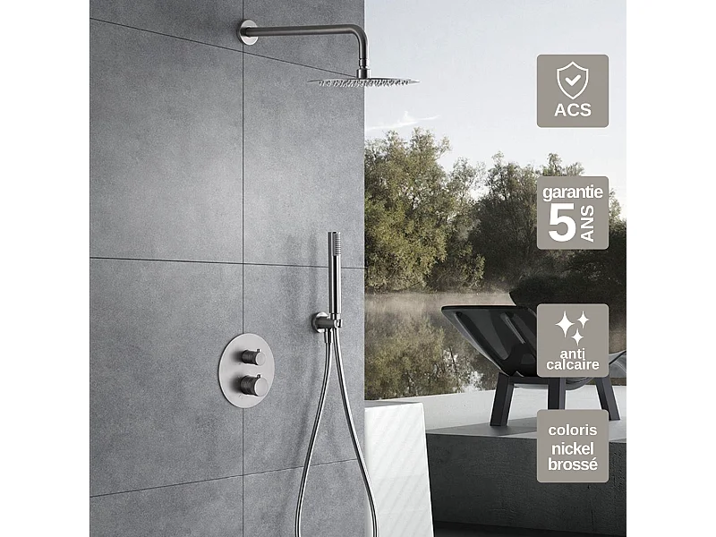 Colonne de Douche Encastrée avec Mitigeur Thermostatique niquel brossé anti-calcaire - Design Moderne - LINE IMEX