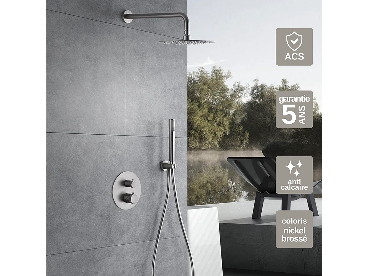 Colonne de Douche Encastrée avec Mitigeur Thermostatique niquel brossé anti-calcaire - Design Moderne - LINE IMEX