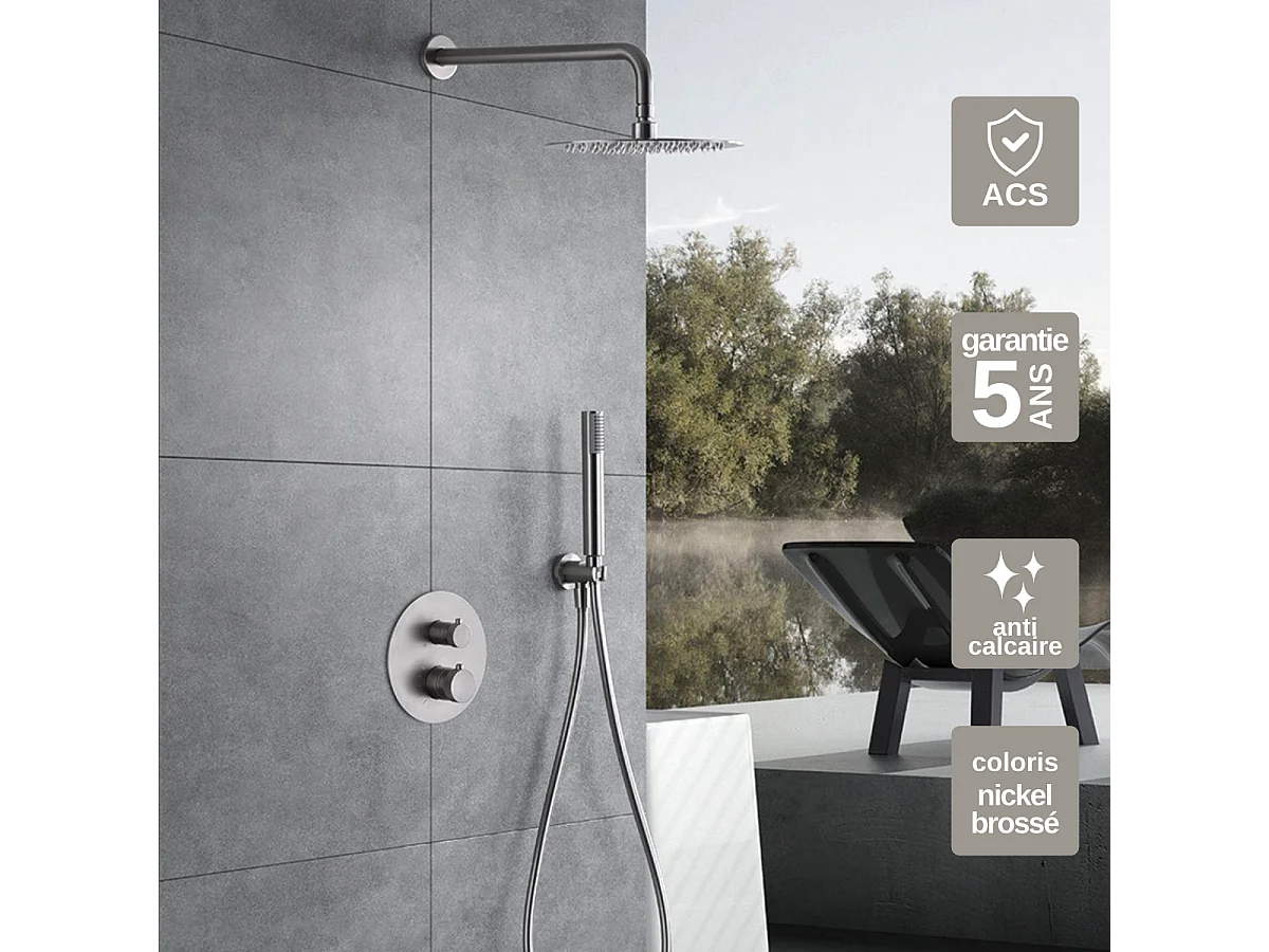 Colonne de Douche Encastrée avec Mitigeur Thermostatique niquel brossé anti-calcaire - Design Moderne - LINE IMEX