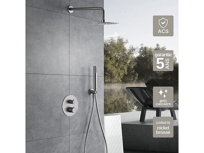 Colonne de Douche Encastrée avec Mitigeur Thermostatique niquel brossé anti-calcaire - Design Moderne - LINE IMEX