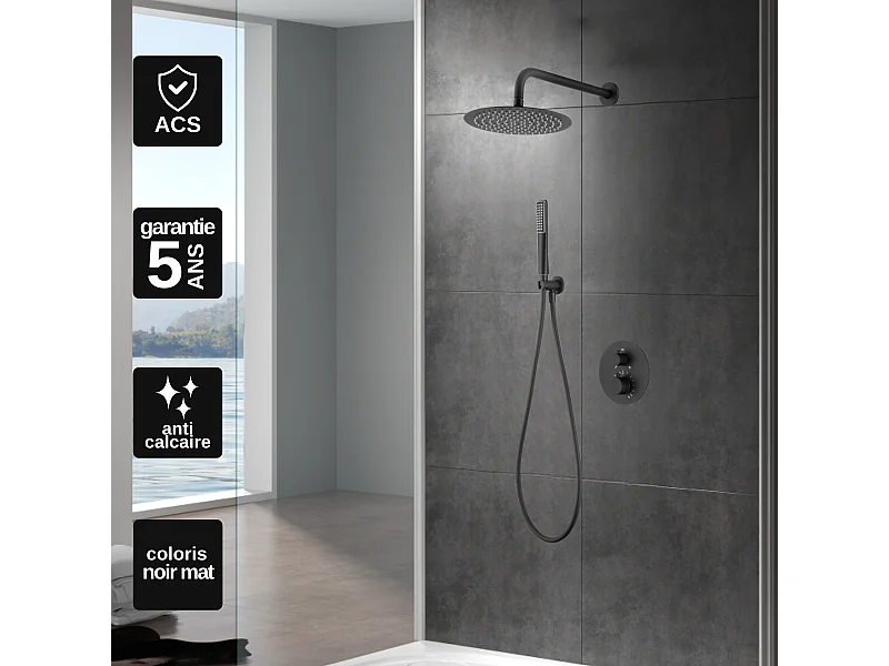 Colonne de Douche Encastrée avec Mitigeur Thermostatique noir mat anti-calcaire - Design Moderne - NAPOLES IMEX