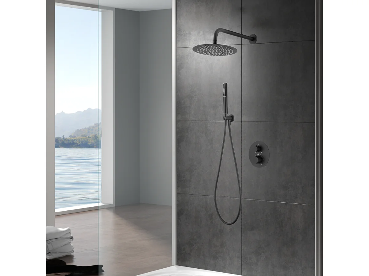 Colonne de Douche Encastrée avec Mitigeur Thermostatique noir mat anti-calcaire - Design Moderne - NAPOLES IMEX