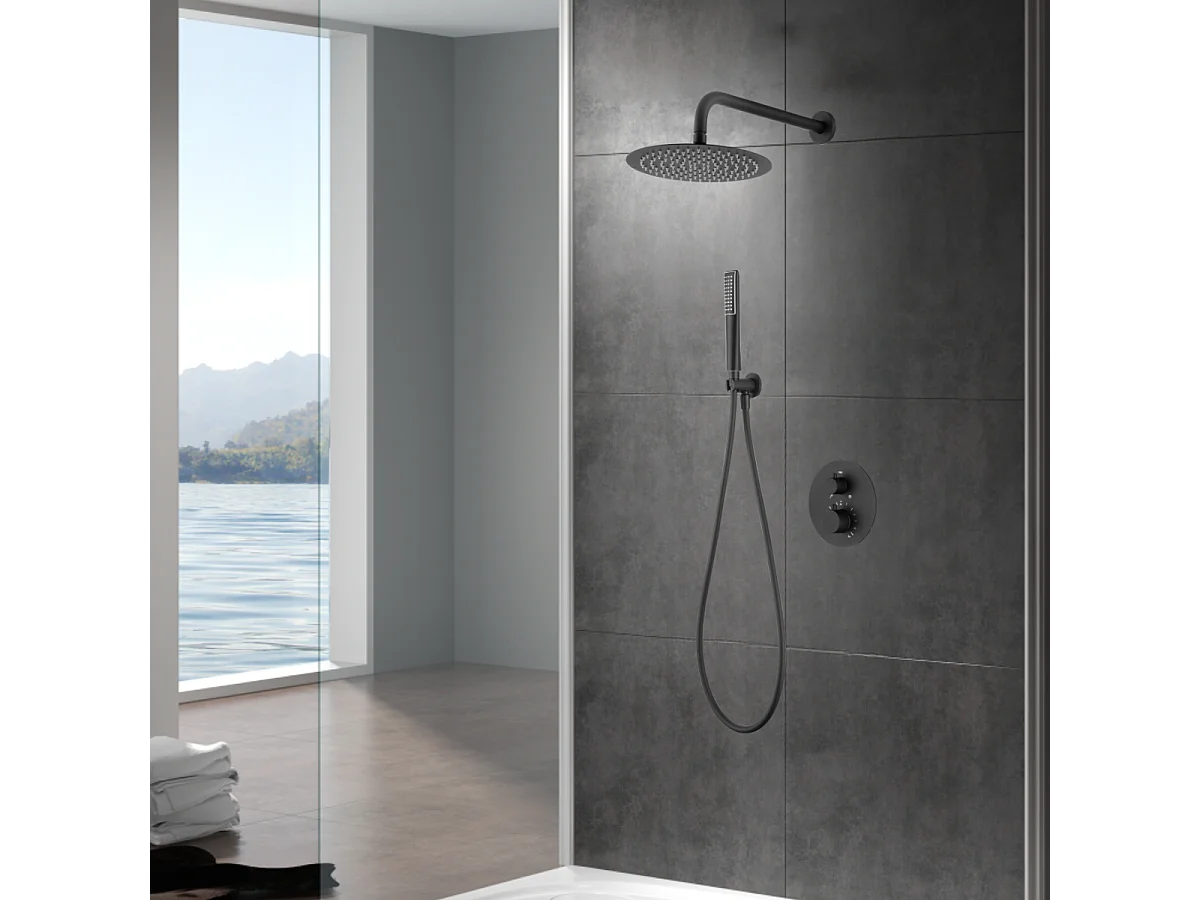 Colonne de Douche Encastrée avec Mitigeur Thermostatique noir mat anti-calcaire - Design Moderne - NAPOLES IMEX