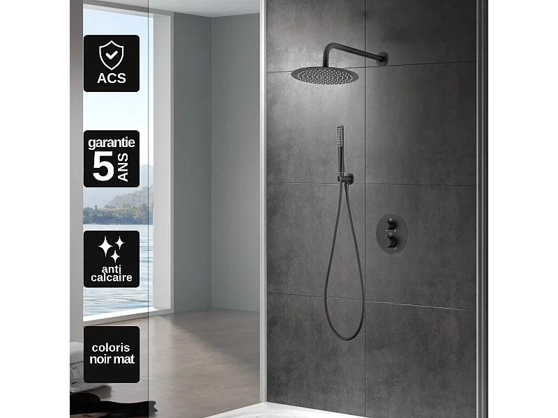 Colonne de Douche Encastrée avec Mitigeur Thermostatique noir mat anti-calcaire - Design Moderne - NAPOLES IMEX
