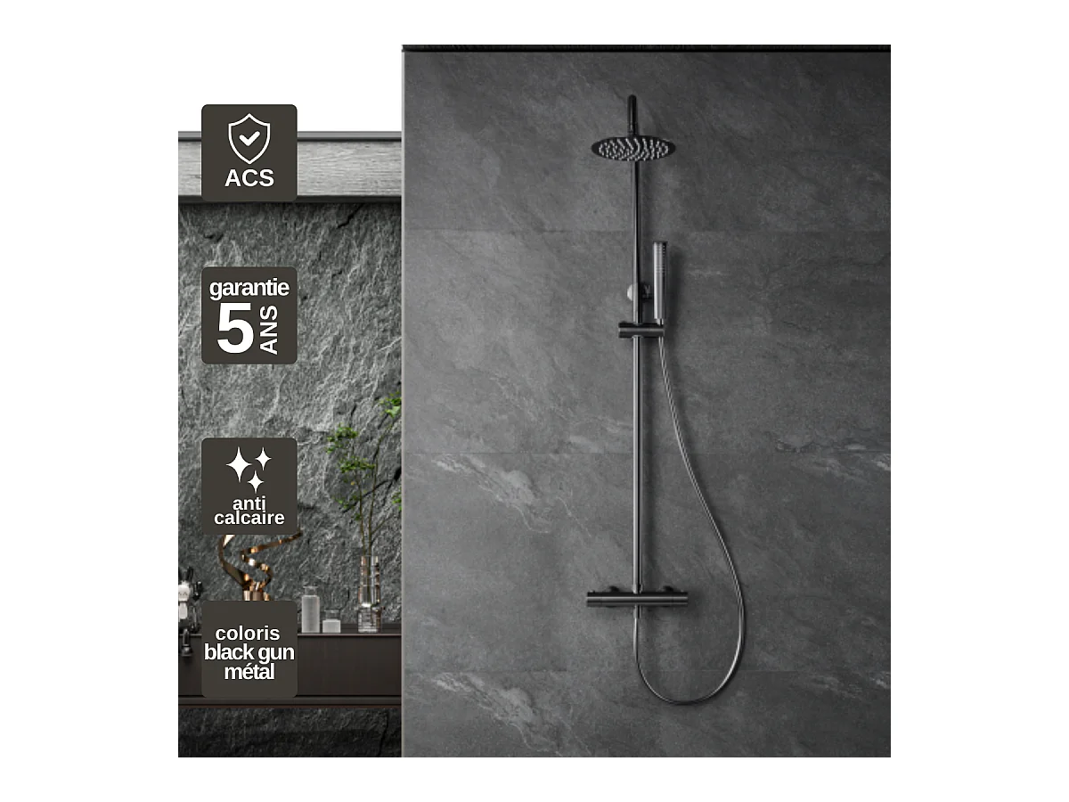 Colonne de Douche avec Mitigeur Thermostatique noir métal anti-calcaire - Design Moderne - NAPOLES IMEX